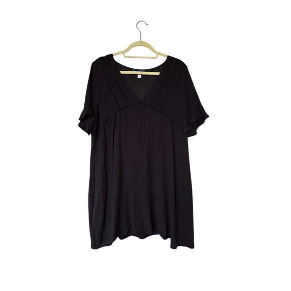 Blue Rain Black Boho Mini Dress L | Lined, Button Detail - Picture 10 of 10